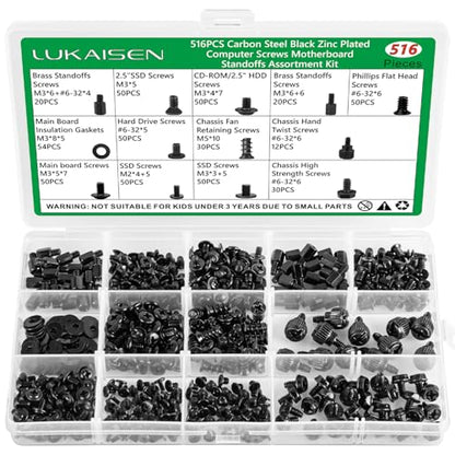 516Pcs Computer Screws Kit, M3 6-32 Motherboard Standoffs for SSD - color: 516 Pcs Black PC Screw