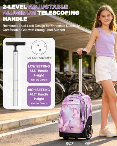 NEW TILAMI 19 Inch Rolling Backpack for School Stair-Climbing Big Wheel - color: Purple Butterfly