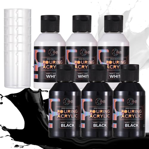 OPHIR 3 Black & 3 White Premixed Acrylic Pour Paint Set, 3.8-Ounce/Bottle - color: 3 Black & 3 White Set