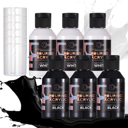 OPHIR 3 Black & 3 White Premixed Acrylic Pour Paint Set, 3.8-Ounce/Bottle - color: 3 Black & 3 White Set