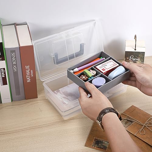 JUXYES Clear Art Craft Supply Storage Bin Sewing Box With Handle Lid - color: Gray, size: 1 Pack