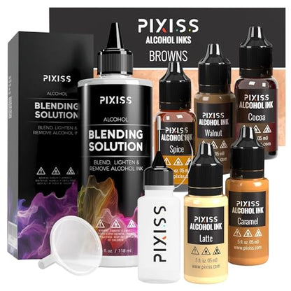 Pixiss Brown Alcohol Ink Set and Alcohol Blending Solution for Ink (4oz) - Highly Saturated Alcohol Ink for Resin and Ink Blending Solution with Applicator Tip, Applicator Bottle, and Funnel