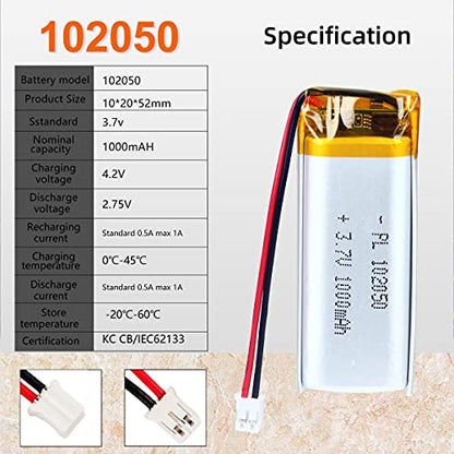 102050 3.7V Lipo Battery 1000mAh 102050 Rechargeable Lithium - size: 102050 1000mAh
