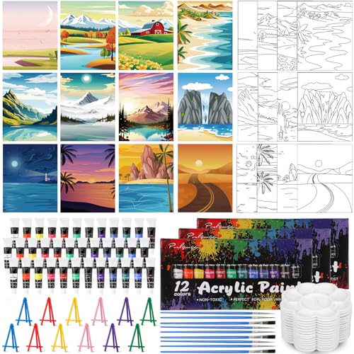 Sherr 108 Pcs Landscape Sip and Paint Kit, Pre Drawn Canvas for Adults - style: Landscape
