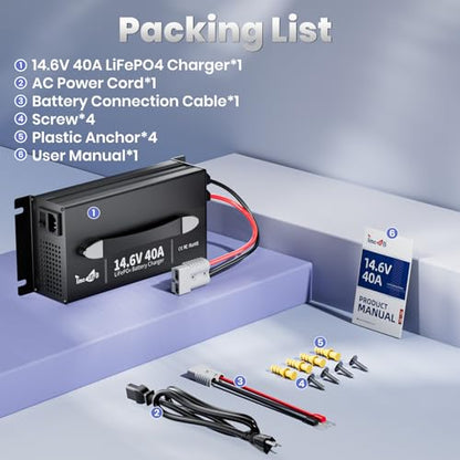 Timeusb 12V 40A LiFePO4 Battery Charger, 14.6V Lithium Battery Fast Charger