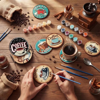 Reallnaive 8 Pcs Coffee Paint by Numbers Kit for Adults Wooden Coaster - style: Coffee