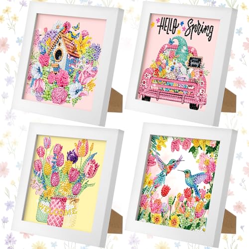 Geyoga 4pcs Pink Diamond Painting Kits with Frame for Adults 7 x 7 Inch - style: Spring