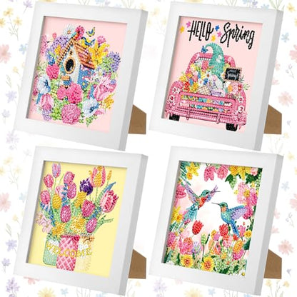 Geyoga 4pcs Pink Diamond Painting Kits with Frame for Adults 7 x 7 Inch - style: Spring