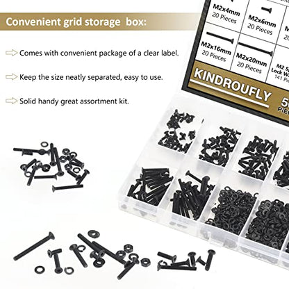 562 Pieces Black M2 x 4/6 /8/10 /12/16 /20mm Countersunk Head Socket Cap Screws Nuts Washers Assortment Kit, 10.9 Grade Alloy Steel - size: M2, style: Countersunk Head