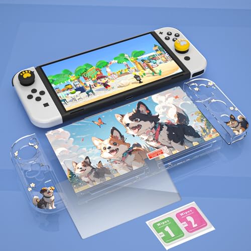 NANANINO Protective Case for Switch OLED – Cute Hard Shell with Kickstand, Screen Protector & 2 Thumb Grips – All-In-One Dockable Cover for Girls, Compatible with Switch OLED Console - color: Dog