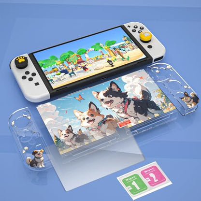 NANANINO Protective Case for Switch OLED – Cute Hard Shell with Kickstand, Screen Protector & 2 Thumb Grips – All-In-One Dockable Cover for Girls, Compatible with Switch OLED Console - color: Dog