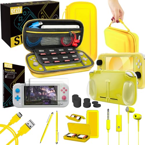 Orzly Switch Lite Accessories Bundle - Case & Screen Protector for Nintendo Switch Lite Console, USB Cable, Games Holder, Comfort Grip Case, Headphones, Thumb-Grip Pack & more (Orzly Gift Pack Yellow) - color: Yellow