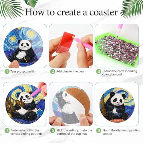 Leatrice 8 Pcs Diamond Art Coasters Small Diamond Painting Kits for Adults - color: AA Panda