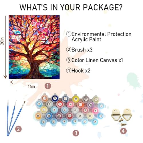 Tree Paint by Numbers for Adults - Stained Glass Paint by Number on Canvas - color: MT12191