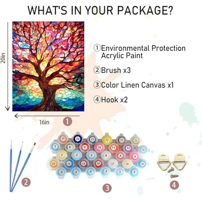 Tree Paint by Numbers for Adults - Stained Glass Paint by Number on Canvas - color: MT12191