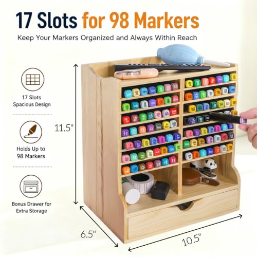 Dicunoy Pen Organizer for Desk, Marker Storage Rack, 17 Slots for 98 Pens