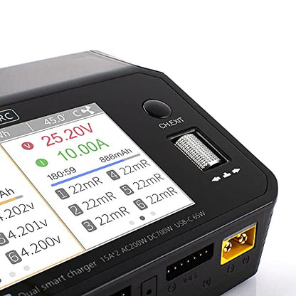 ToolkitRC M6DAC AC 200W DC 700W 15A*2 USB-C 65W QC3.0 Dual Channel Smart Lipo Battery Charger Discharger for 1-6S Lipo LiHV Lipo Battery