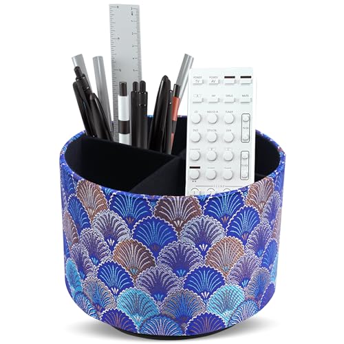 Round Leather Art Supply Organizer,Remote Control Holder,360-degree Rotating Pen Organizer with 4 Compartments(1-Peacock Blue) - color: 1-5Peacock Blue