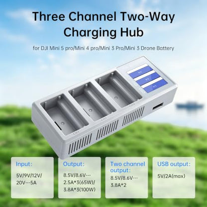 2 Pack 5000mAh Mini 5 Pro/4 Pro/3 Series Battery with Three Channel Two-Way LCD Charing Hub, Max 52 Mins Flight Time Replacement Intelligent Flight Battery,Compatible with DJI Mini 5 Drone