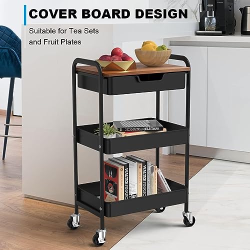 3 Tier Rolling Cart with Drawer, Metal Utility Cart with Table Top - color: Black