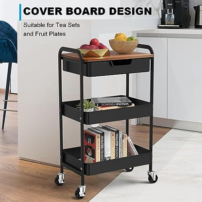 3 Tier Rolling Cart with Drawer, Metal Utility Cart with Table Top - color: Black