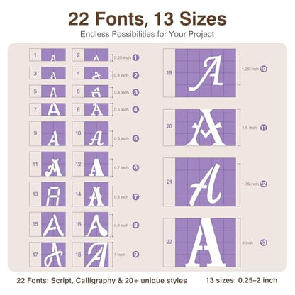 22 Fonts 13 Sizes (0.25"-2") Small Letter Stencils for Painting, 38Pcs Reusable Alphabet & Number Stencils in Script & Cursive for Wood Crafts