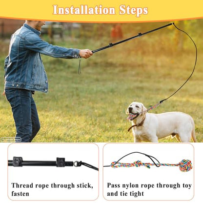 Flirt Pole for Dogs, Heavy Duty Dog Teaser Wand with 3 Replacement Rope - color: yellow
