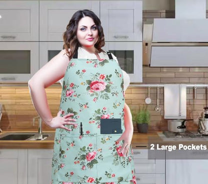 Plus Size Adjustable Bib Apron Water Resistant Canvas Extra Wide Long Ties Aprons with 2 Pockets Kitchen Cooking Gardening - color: Green Rose Pattern