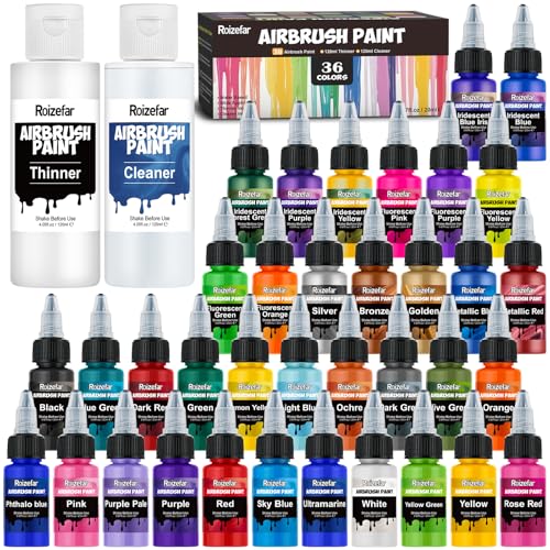 Roizefar Airbrush Paint, 36 Colors with 4.05 fl oz Thinner & Cleaner
