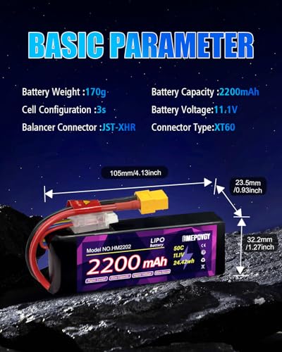 11.1V Lipo Battery Pack 3S 2200mAh 50C with XT60 Plug for FPV Drone Quadcopter RC Airplane Aircraft(2 Packs)
