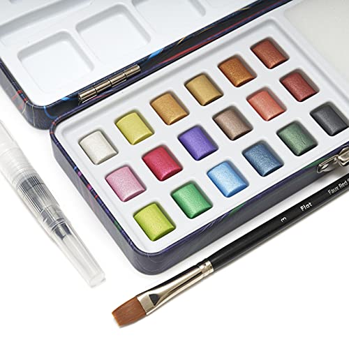 Metallic Watercolor Paint Set with Brush for Beginner- PREZIOSO 18 Half-Pan