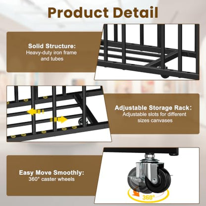 Art Storage Rack, Metal Art Drying Rack with Wheels Adjustable Slots