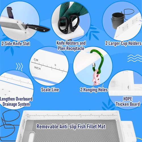 Bait Cutting Board for Boat, HDPE Thickened Bait Table Fishing Filet Board with Tool Slots and Larger Cup Holders, 360° Adjustable Rod Holder, Boat Fish Cleaning Table with Fish Fillet Mat