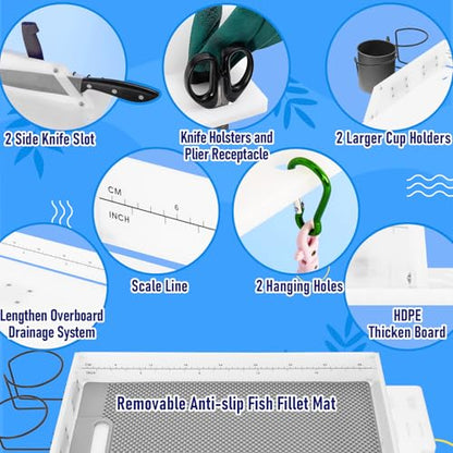 Bait Cutting Board for Boat, HDPE Thickened Bait Table Fishing Filet Board with Tool Slots and Larger Cup Holders, 360° Adjustable Rod Holder, Boat Fish Cleaning Table with Fish Fillet Mat
