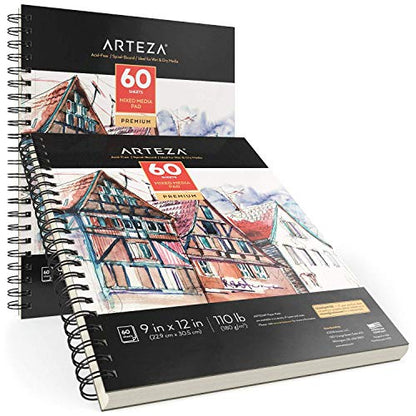 ARTEZA Mixed Media Pads, 9 x 12 in, Spiral, 2 Pack, 60 Sheets Each - size: 9"x12" (Pack of 2)