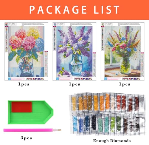 Axquilon 3 Pack Flowers Diamond Art Kits for Adults 12x16inch - color: 3 Pack Vase