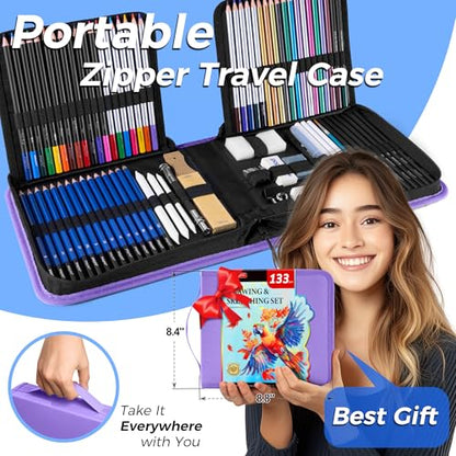 133 Pack Drawing Set Sketching Kit, Pro Art Supplies Sketch Pencils Set - color: Purple, size: 133 Pack
