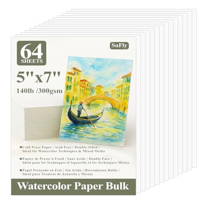 SuFly Water Color Paper 5"x 7", 140lb Cold Press Watercolor Paper_64 Sheets