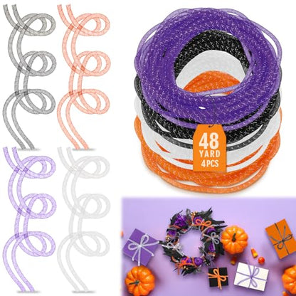 Arrowbash 4 Pcs Halloween Mesh Tubing for Crafts, Purple Orange Black White