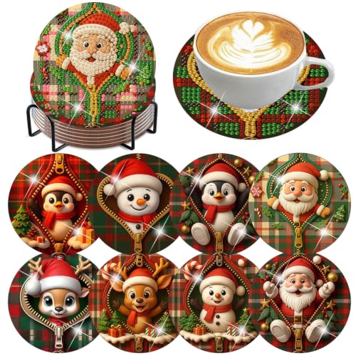 Ekuxom 8 Pcs Christmas Diamond Art Coasters Kit for Adults with Holder - color: Christmas