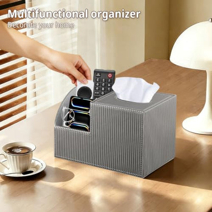 PU Leather Square Tissue Box Cover - Multi-Functional Tissue Box Holder - color: Gray Rome