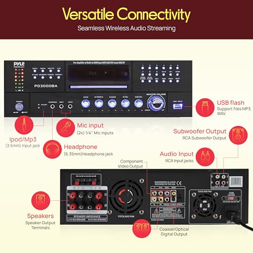 Pyle 4 Channel Bluetooth Home Amplifier - Front Loading DVD/CD Player - 3000W Peak Stereo Receiver - 2 Mic Inputs w/ Echo, FM Radio,Optical In,USB,RCA,Composite, LED Level Meter, Rack Mount - PD3000BA - style: 3000W