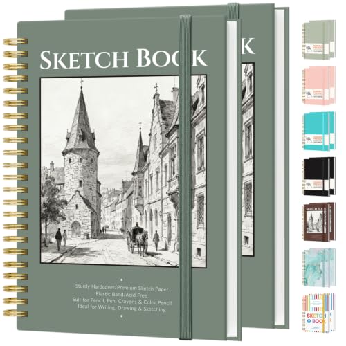 Forvencer 2 Pack Blank Spiral Notebook, 8"x 5.6"Hardcover Sketch Book - color: Deep Green