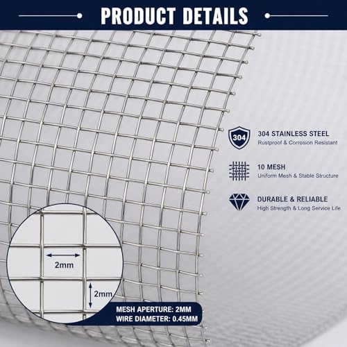 Stainless Steel 304 Wire Mesh 23.6 Inchx10 Foot - 10 mesh 0.45mm Diameter Hardware Cloth