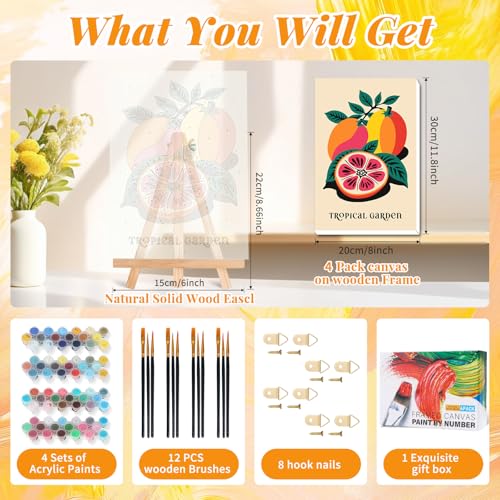 4 Pack Framed Paint by Numbers Kit for Adults, Tropical Fruit, 8 x 12 Inch - color: TRTDOP4F204
