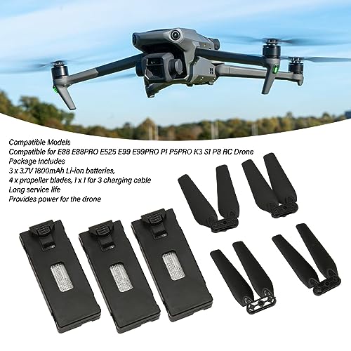 Drone Battery 3PCS 3.7V 1800mAh with 4Pcs Propeller Blades, Mini Propellers Accessories Drone Battery with Blades for E88 E88PRO E525 E99 E99PRO P1 K3 S1 RC UAV Battery Plug and Play