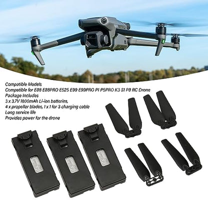Drone Battery 3PCS 3.7V 1800mAh with 4Pcs Propeller Blades, Mini Propellers Accessories Drone Battery with Blades for E88 E88PRO E525 E99 E99PRO P1 K3 S1 RC UAV Battery Plug and Play