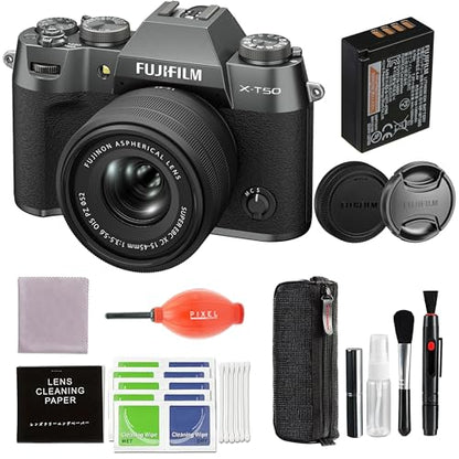 Fujifilm X-T50 Mirrorless Digital Camera XC15-45mmF3.5-5.6 OIS PZ Lens Kit - Charcoal Silver Bundle with Additional Accessories