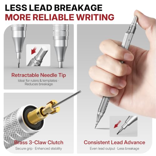 WUO 0.7mm Mechanical Pencil Set, 3 Pack Sliver Metal Drafting Pencils - color: Silver, size: 0.7