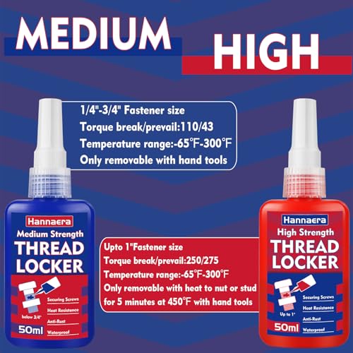 Thread Lock Blue and Red, Threadlocker Medium and High Strength, Thread Locker for Nuts, Bolts, Fasteners and Metals, Against Losening and Leakage (50 mlx2) - size: 50ml2pack